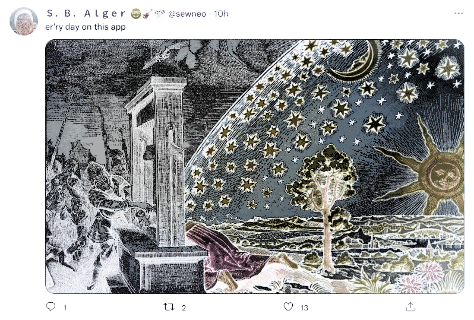 Twitter S. B. Alger @sewneo 10h:  er'ry day on this app: -An image of Execution of a Heretic-